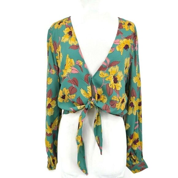 New Flynn Skye Allie Top Womens L Twilight Walk Tie Front Floral Rayon Crop - Picture 3 of 8